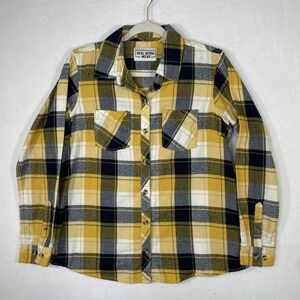 Real Work Wear Women's Medium Yellow Blue Plaid Button Down Flannel